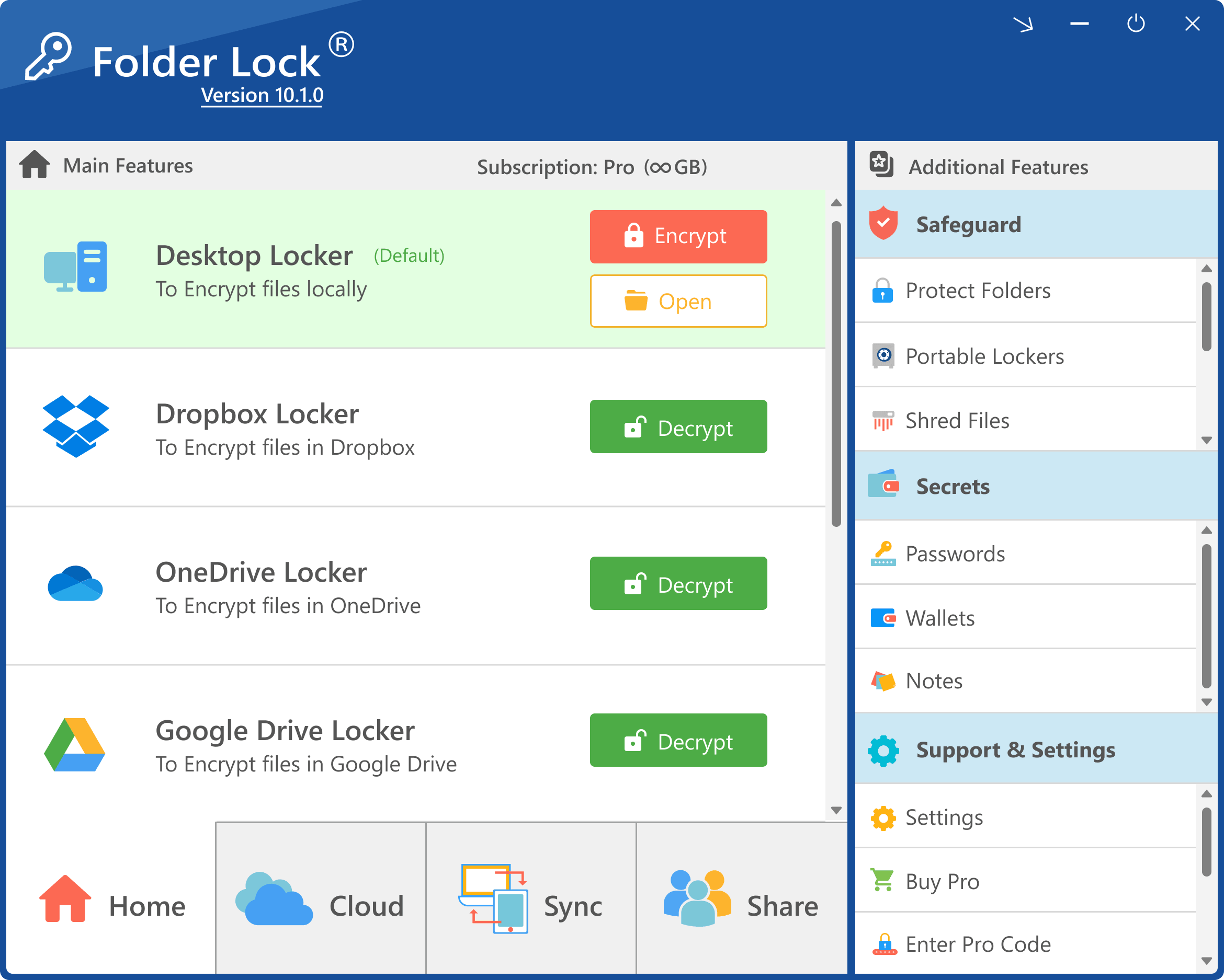 Folder Lock version 10.1 desktop locker interface