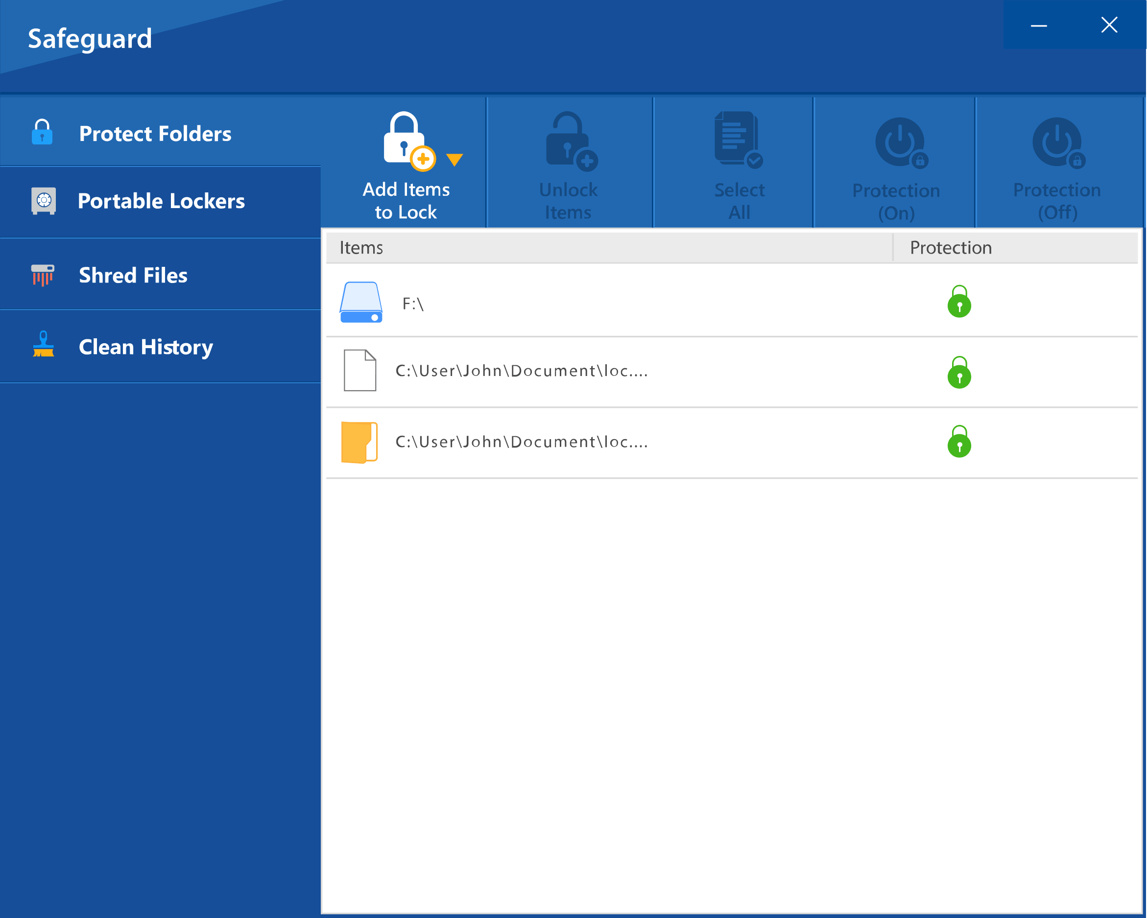 Folder Lock safeguard interface