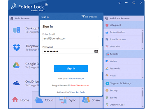 Folder Lock version 10.0.7 sign-in interface