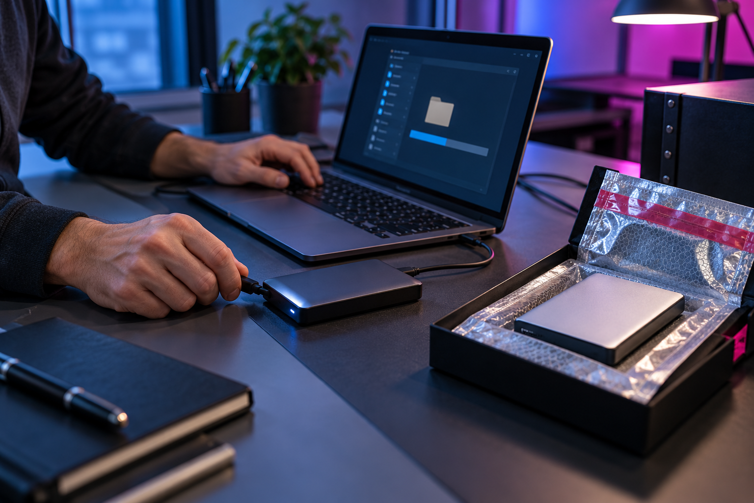 Hands preparing an encrypted offline backup on separate media