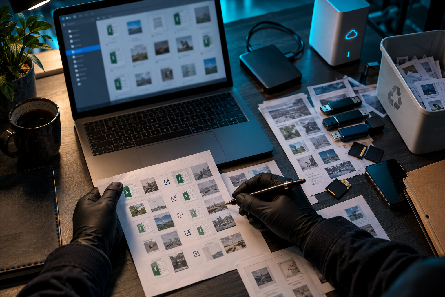 Hands checking downloads previews and synchronization folders for leftover copies