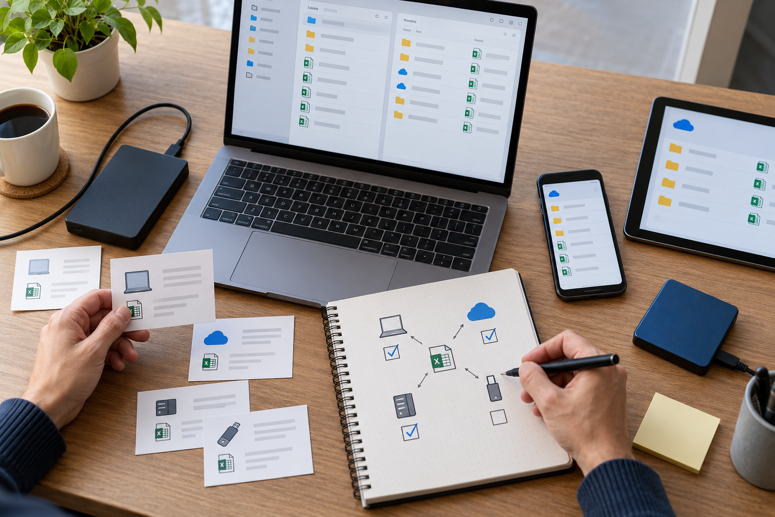 Hands inventorying Excel CSV and cloud spreadsheet records