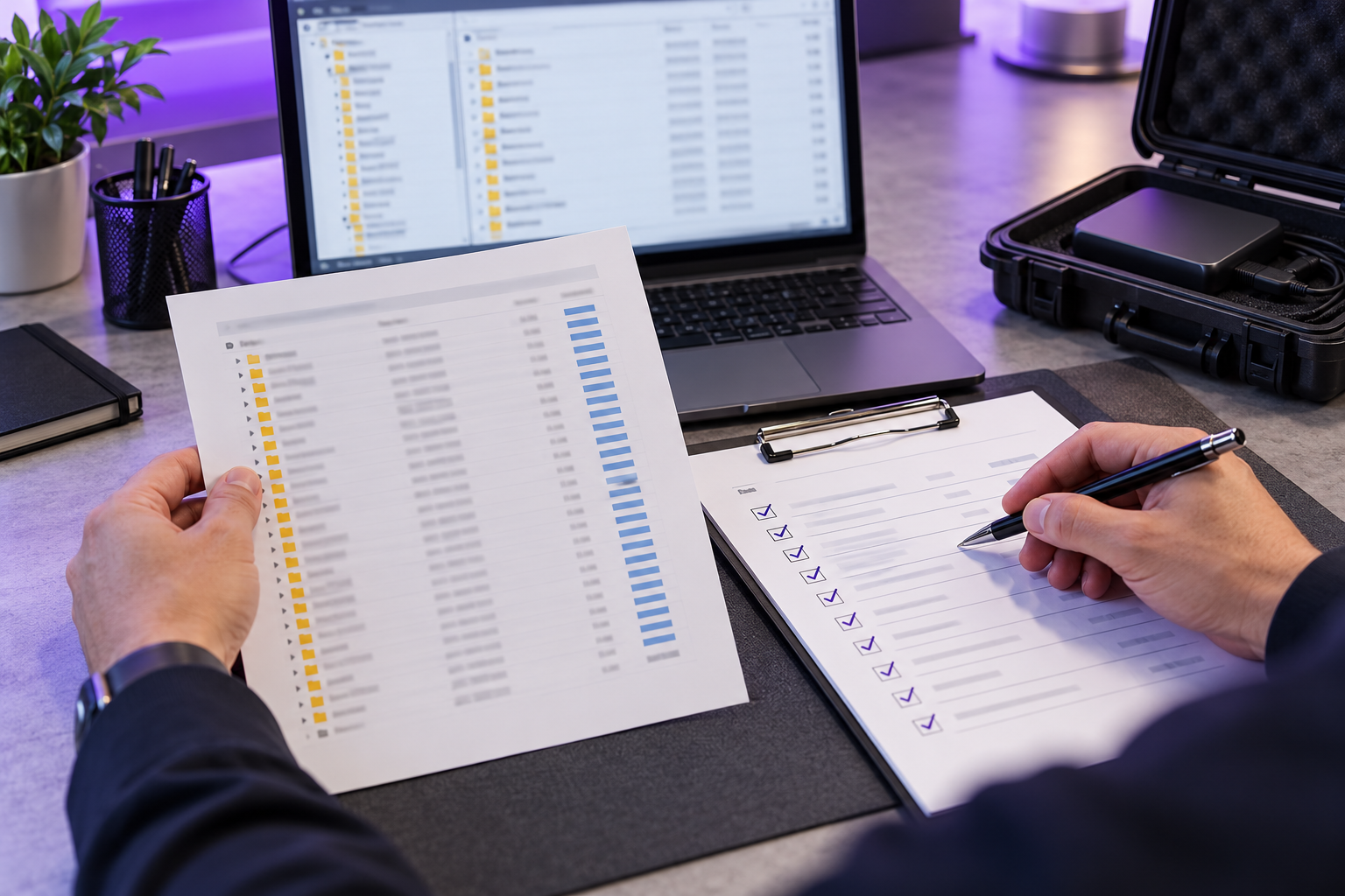 Hands documenting a credential migration and recovery checklist
