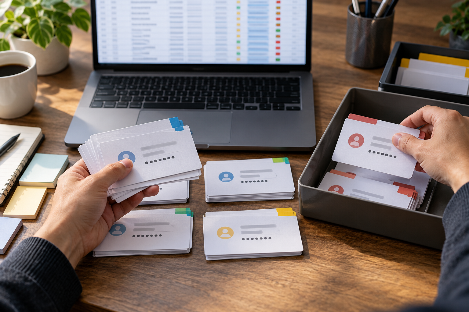 Hands reviewing duplicate and outdated credential records
